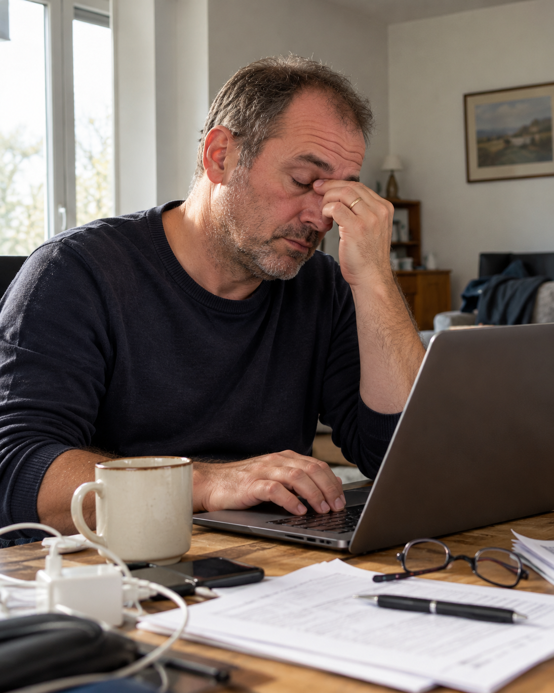 PHOTO — homme fatigué en fin de journée (bureau ou voiture) — portrait 4:5