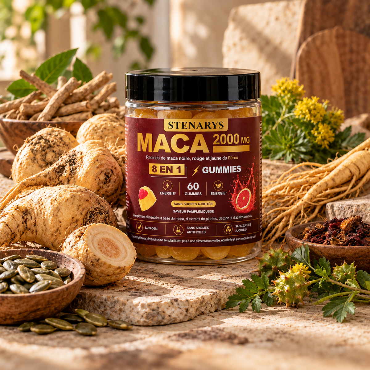 VISUEL ÉDITORIAL — pot STENARYS entouré de maca, ashwagandha et graines de zinc — carré 1:1