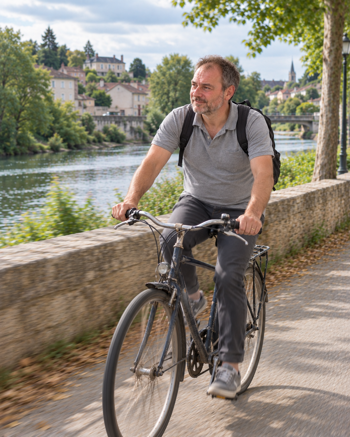 PHOTO LIFESTYLE — homme actif 40–55 ans en extérieur (marche, vélo) — portrait 4:5