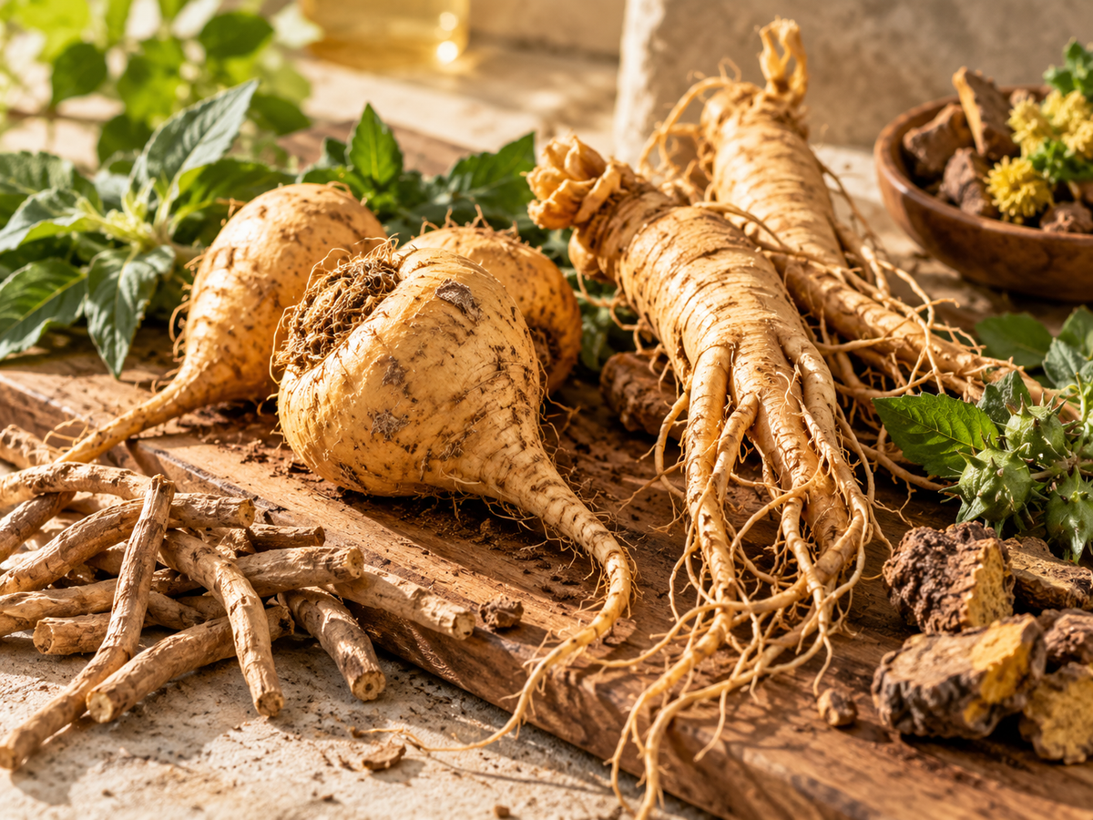 PHOTO — racines et plantes (maca, ginseng) — 4:3